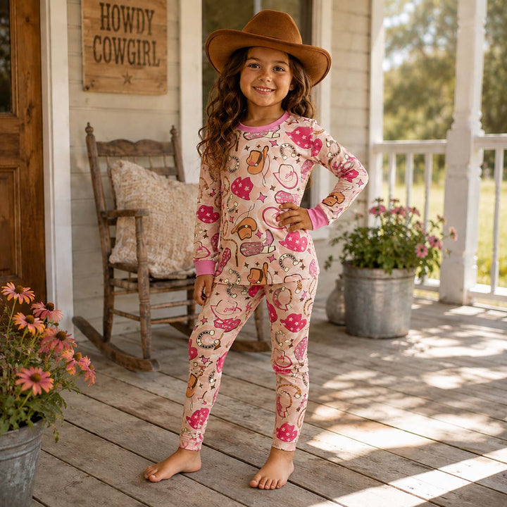 Pink Cowgirl Western Pattern Bamboo Two Piece Long Sleeve Pajama Set