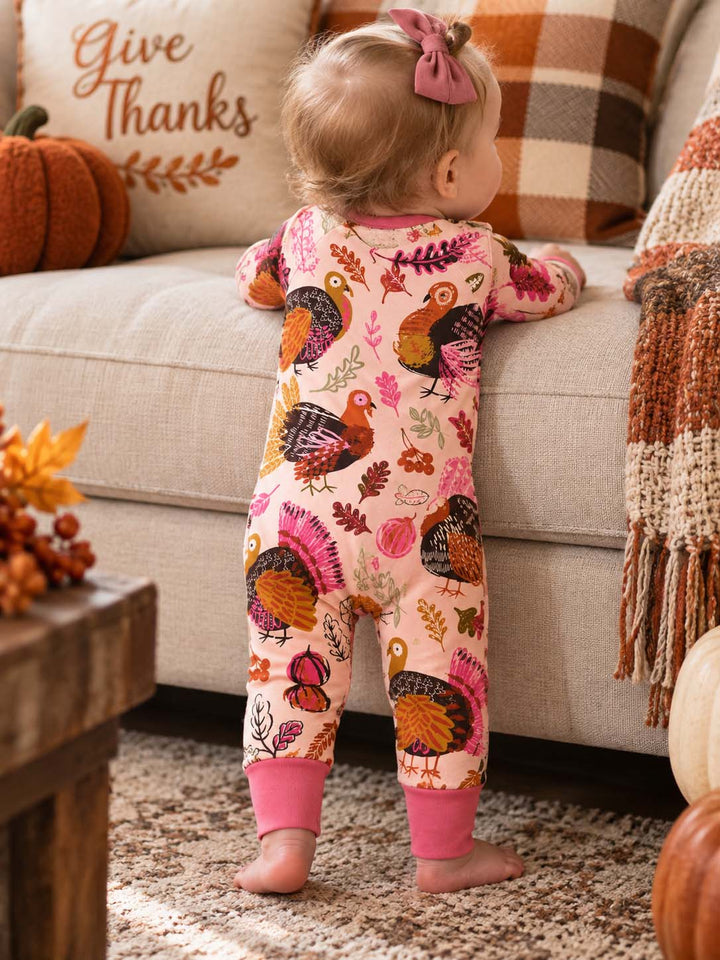 Pink Folk Turkey Harvest Bamboo Convertible Zippy