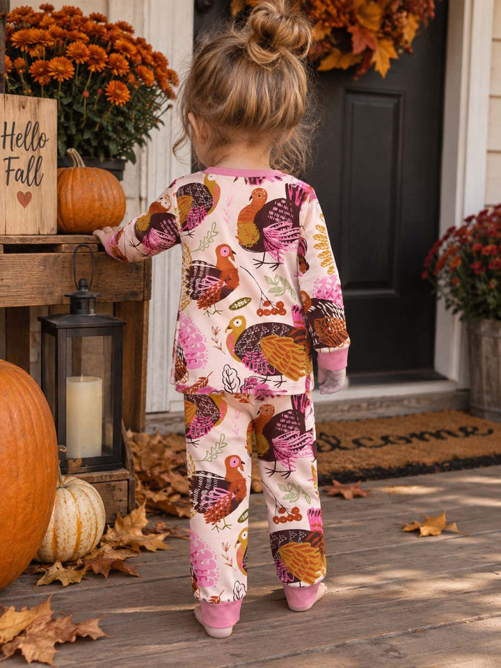 Pink Folk Turkey Harvest Bamboo Two Piece Long Sleeve Pajama Set