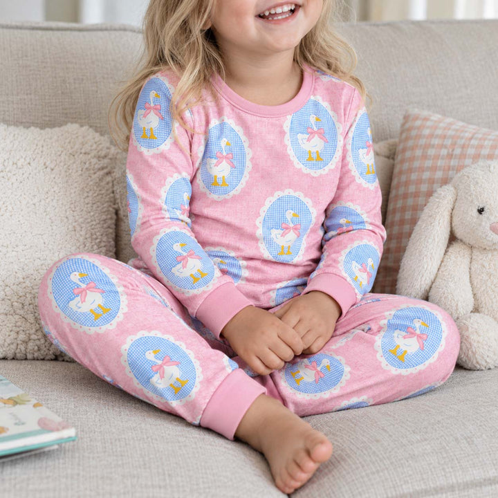 Pink Gingham Duck Cameo Bamboo Two Piece Long Sleeve Pajama Set