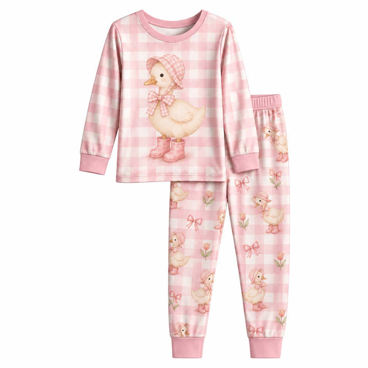 Pink Gingham Duckling Bamboo Two Piece Long Sleeve Pajama Set