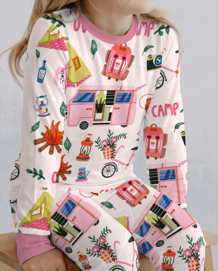 Pink Outdoor Camping Adventure Bamboo Two Piece Long Sleeve Pajama Set