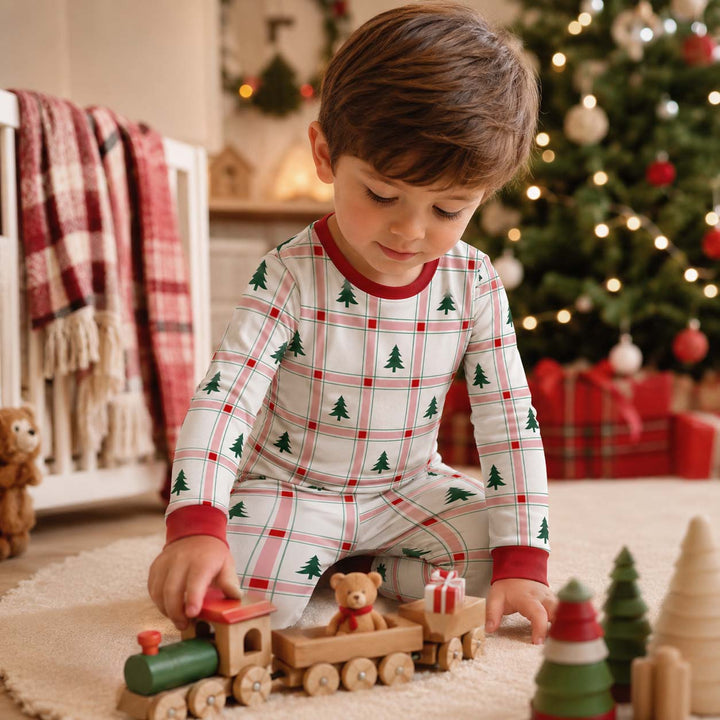 Pink Plaid Christmas Trees Bamboo Two Piece Long Sleeve Pajama Set