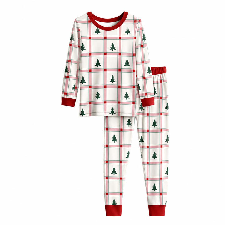 Pink Plaid Christmas Trees Bamboo Two Piece Long Sleeve Pajama Set