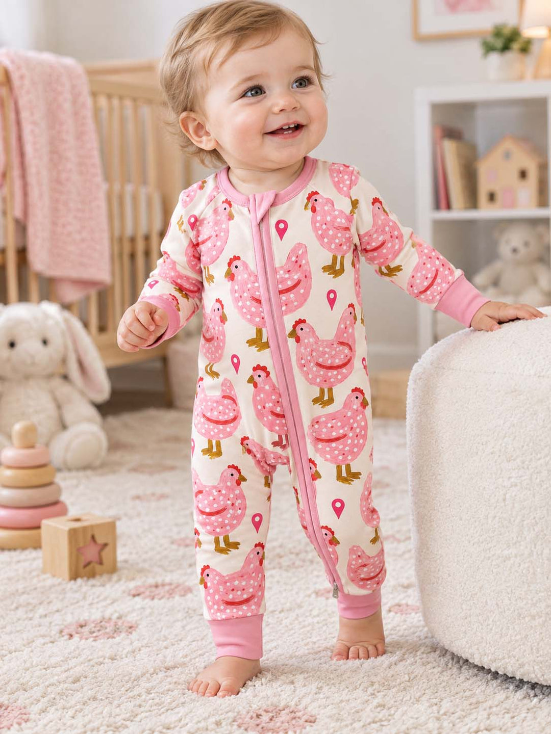 Pink Polka Hens Bamboo Convertible Zippy