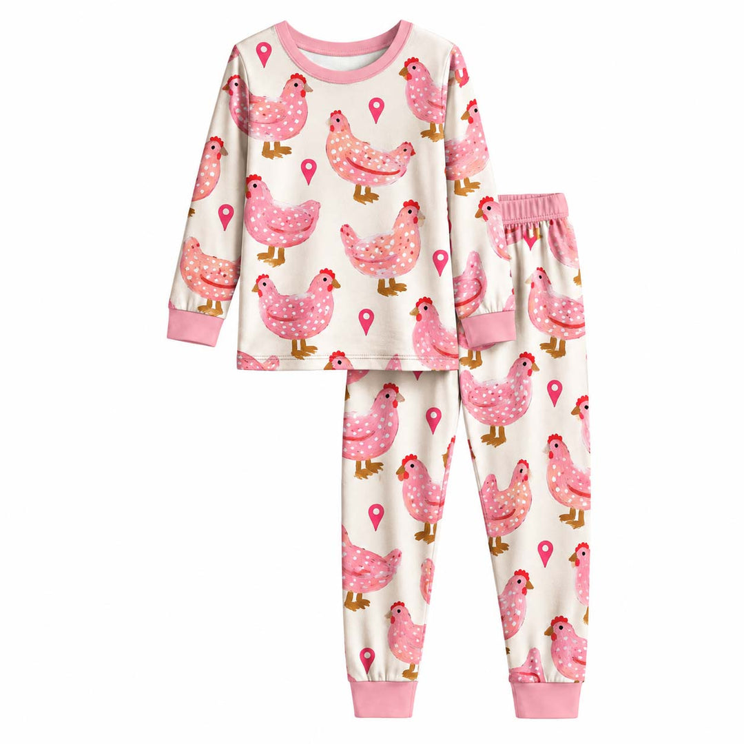 Pink Polka Hens Bamboo Two Piece Long Sleeve Pajama Set