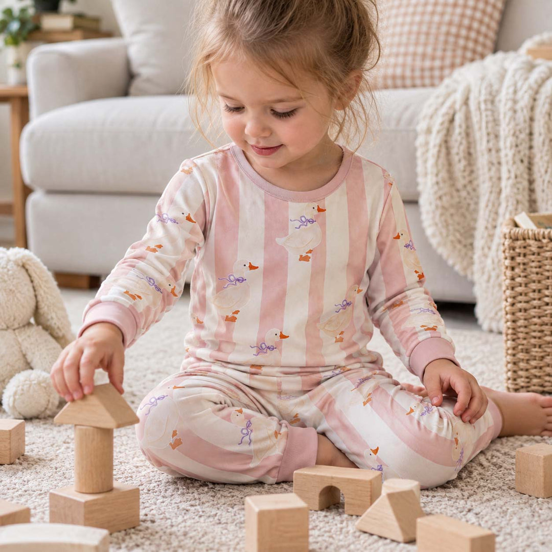 Pink Striped Bow Ducks Bamboo Two Piece Long Sleeve Pajama Set