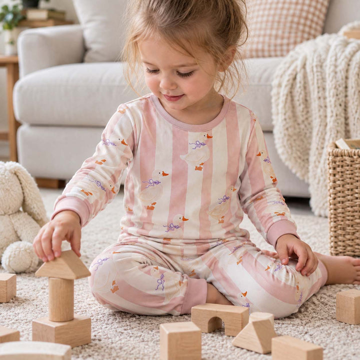 Pink Striped Bow Ducks Bamboo Two Piece Long Sleeve Pajama Set