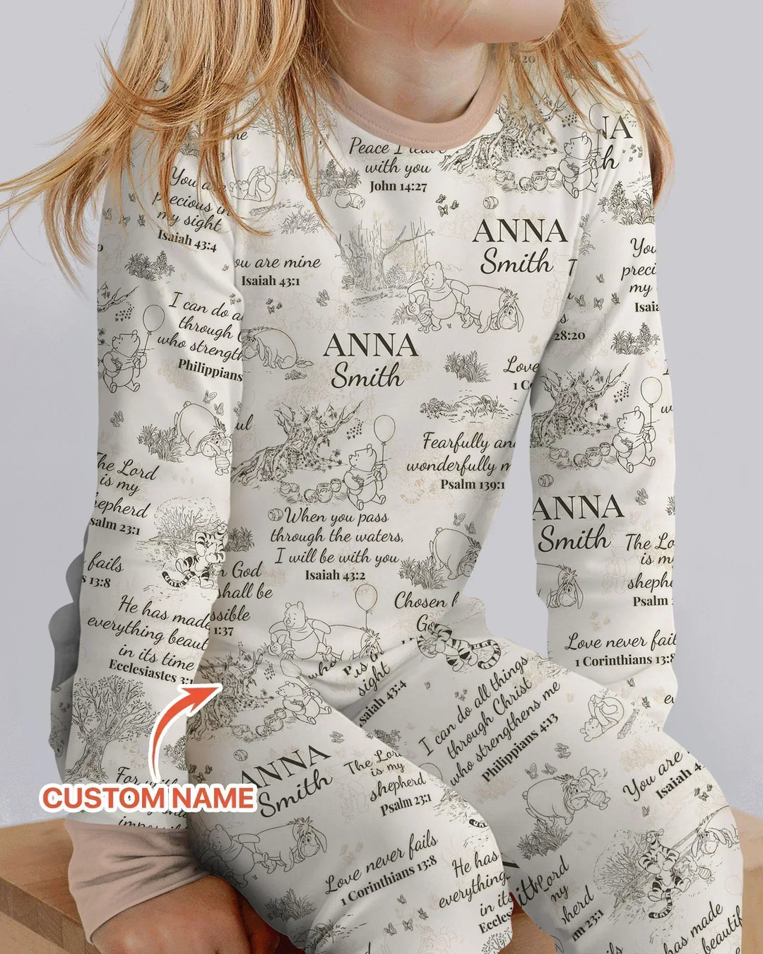 Classic Bear Bible Verse Custom Name Bamboo Two Piece Long Sleeve Pajama Set
