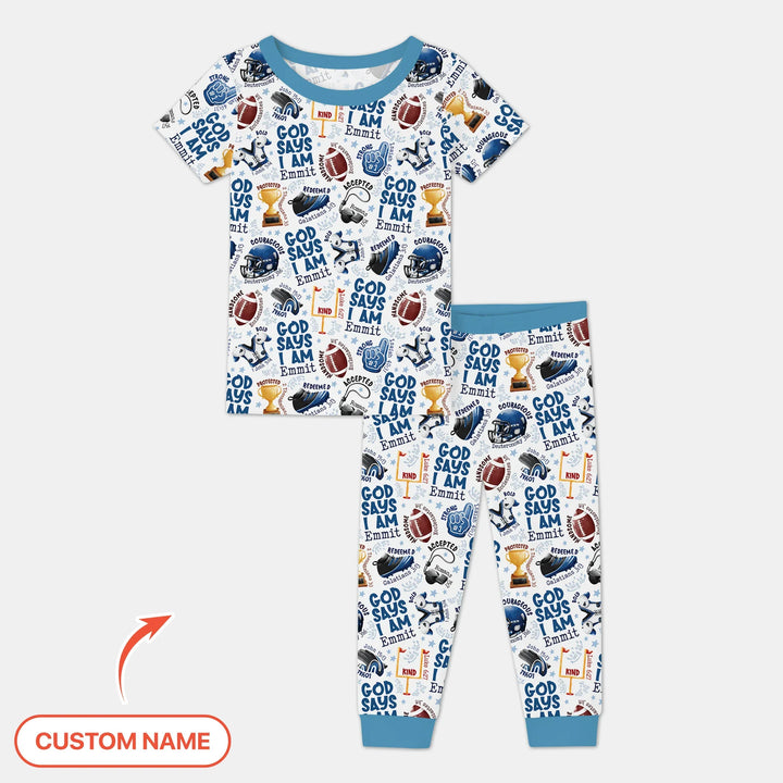 God Says I Am Touch Down Time Custom Name Bamboo Two Piece Short Sleeve Pajama Set