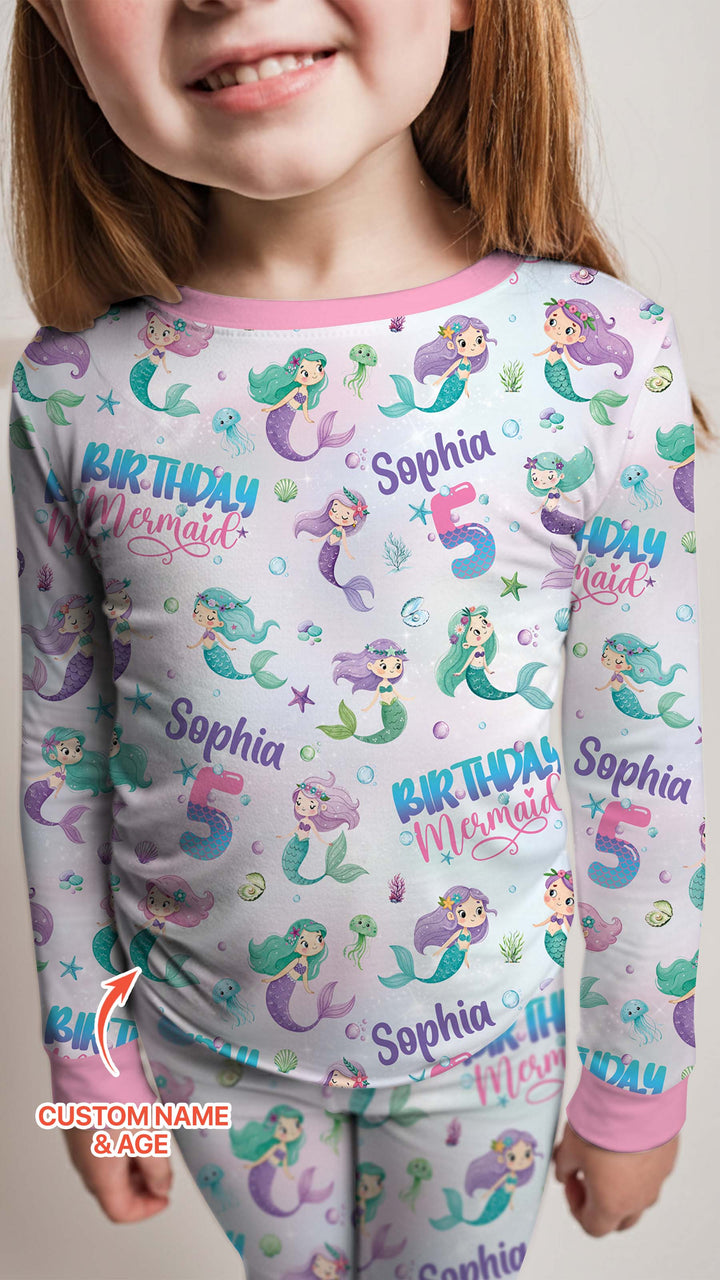 Custom Name and Age Birthday Mermaid Bamboo Two Piece Long Sleeve Pajama Set
