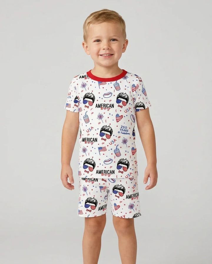 Doodle American Flag Glasses Family Matching Bamboo Two Piece Short Sleeve Shorts Pajama Set