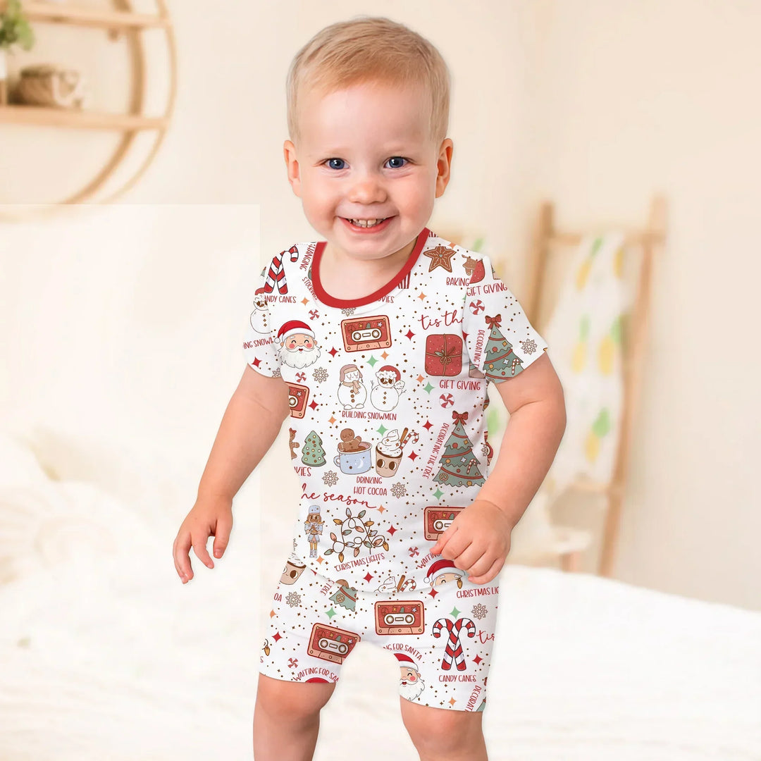 Retro Christmas Bucket List Two Piece Short Sleeve Shorts Pajama Set , Retro Christmas Bucket List Two Piece Short Sleeve Shorts Pajama Set - 12-18M