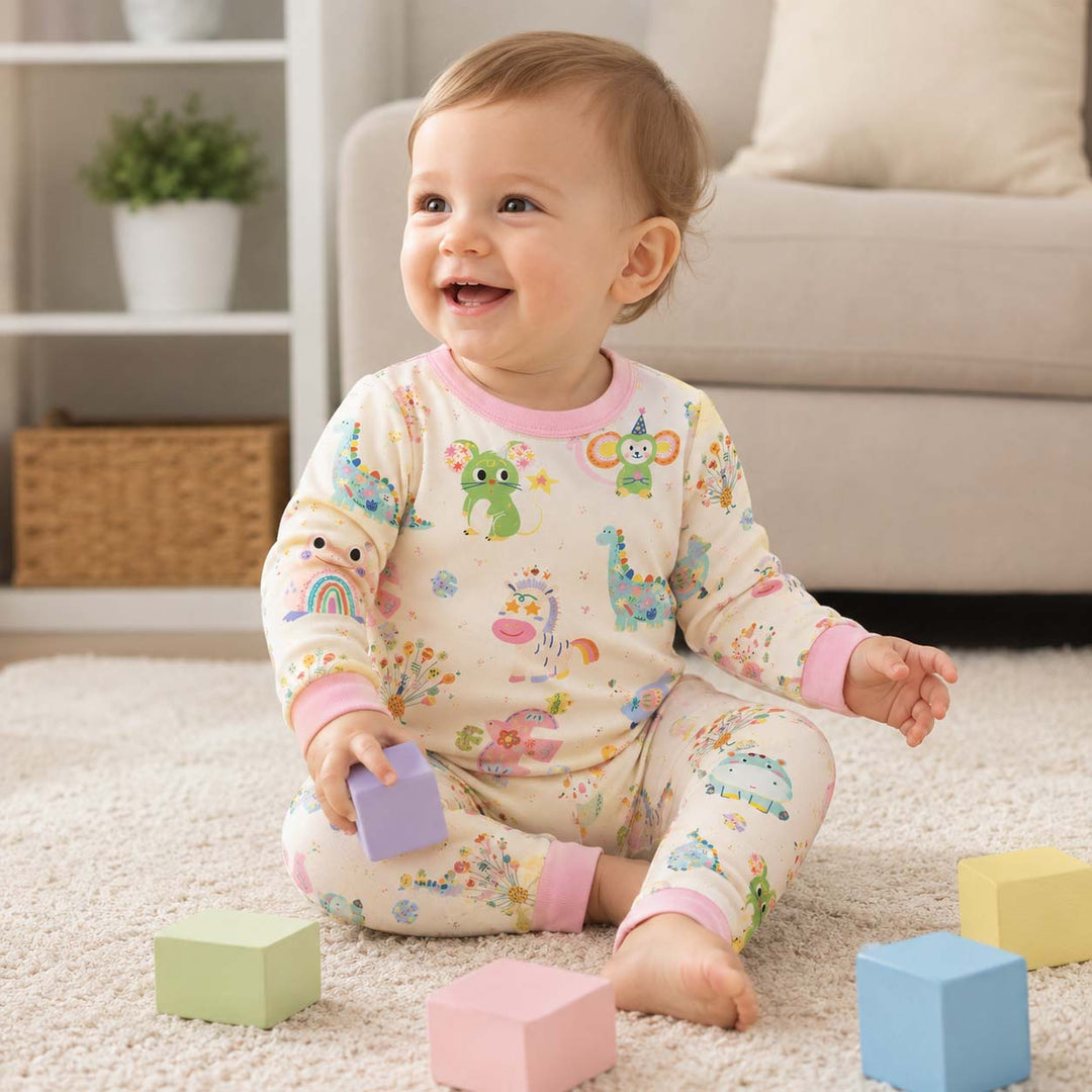 Playful Animal Party Bamboo Two Piece Long Sleeve Pajama Set