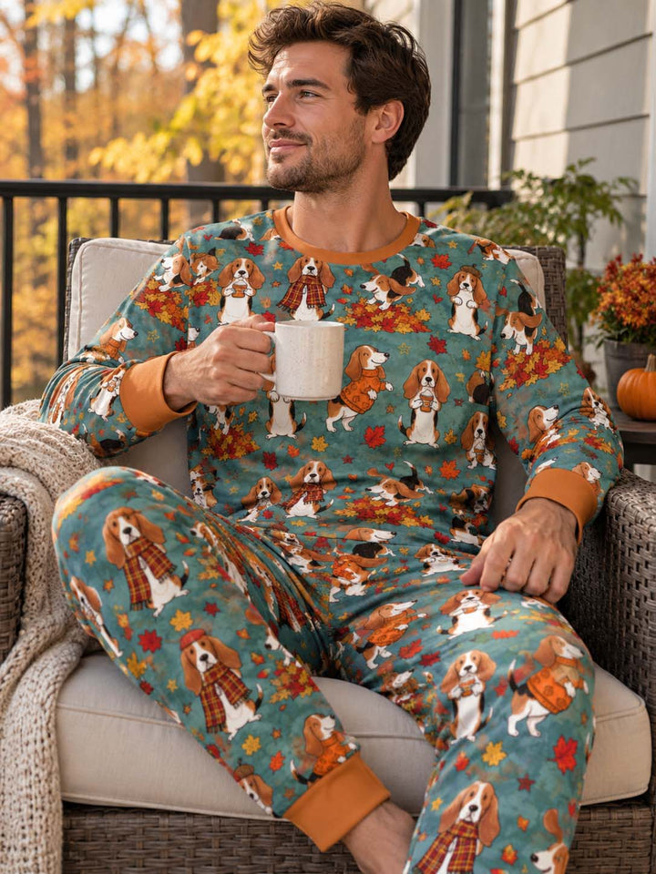 Playful Basset Hound Autumn Leaves Bamboo Men's Pajama Set