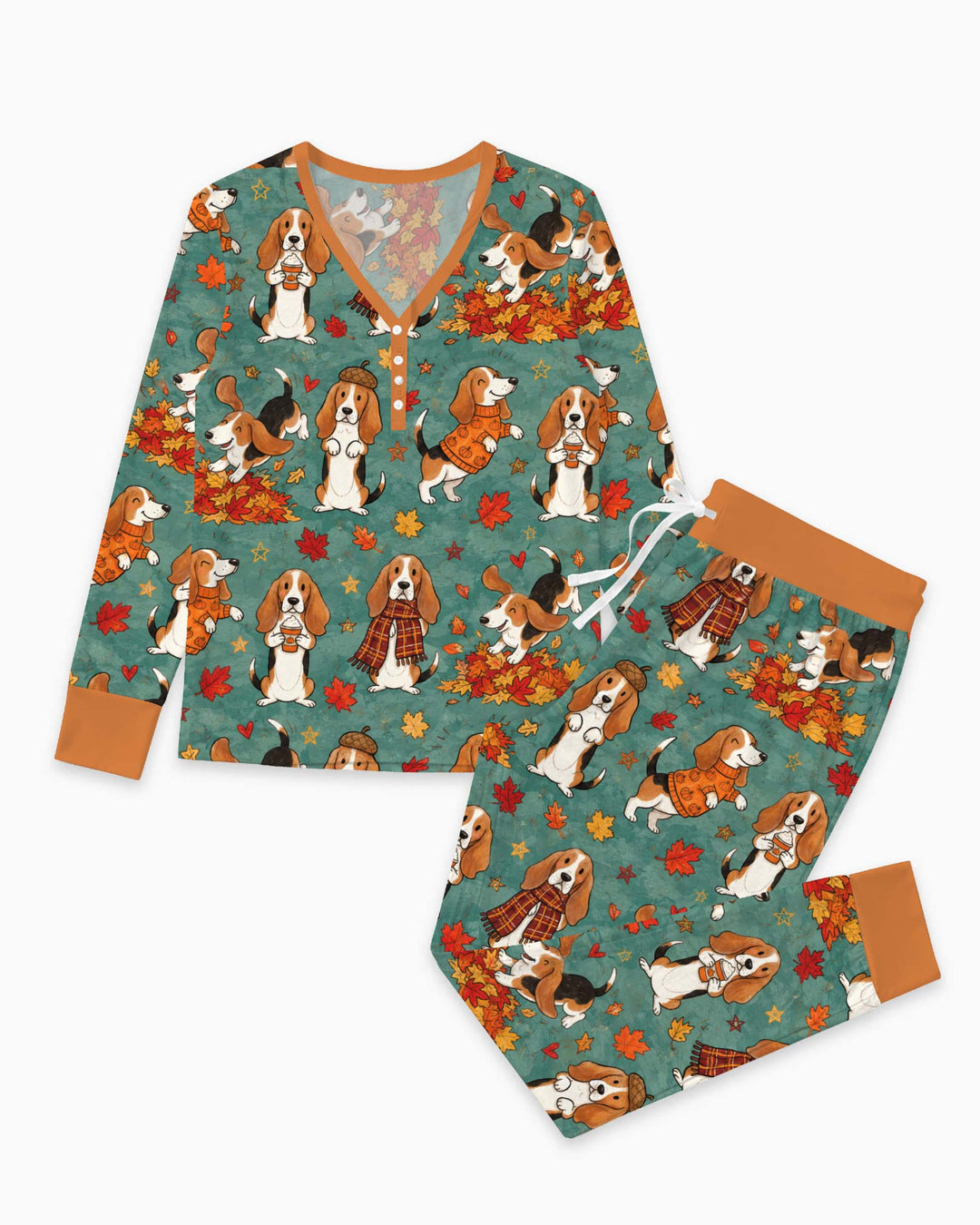 Playful Basset Hound Autumn Leaves Bamboo Women Pajama Set