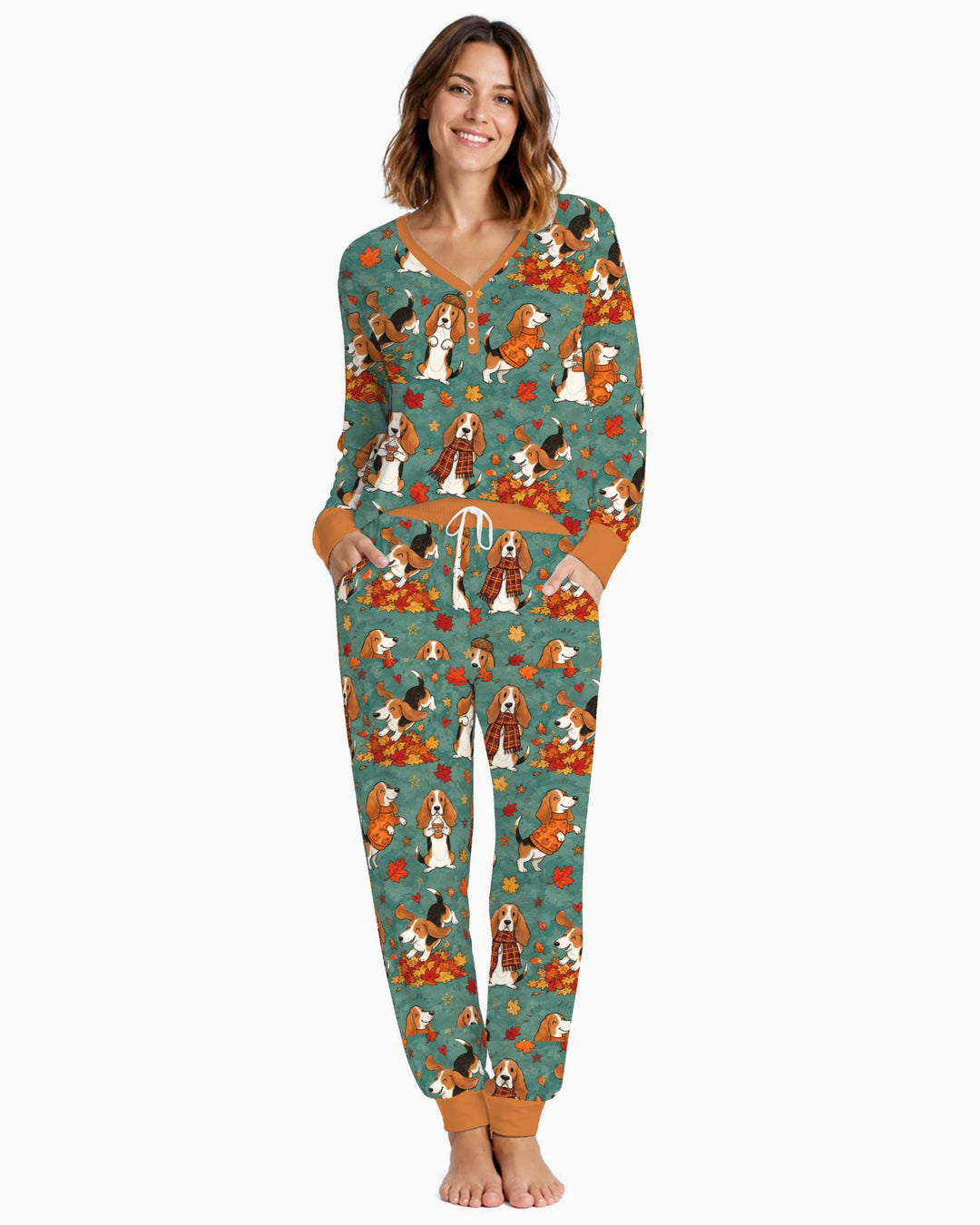 Playful Basset Hound Autumn Leaves Bamboo Women Pajama Set