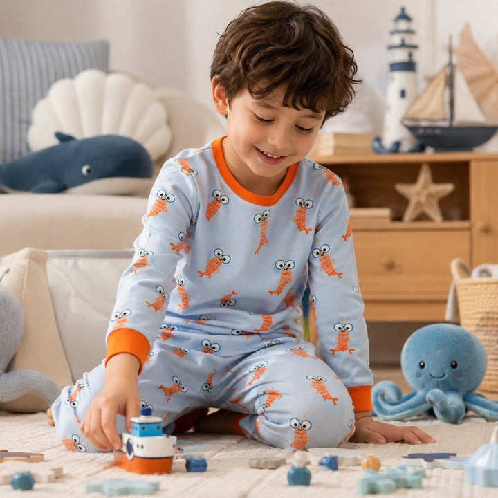 Playful Shrimp Parade Bamboo Two Piece Long Sleeve Pajama Set