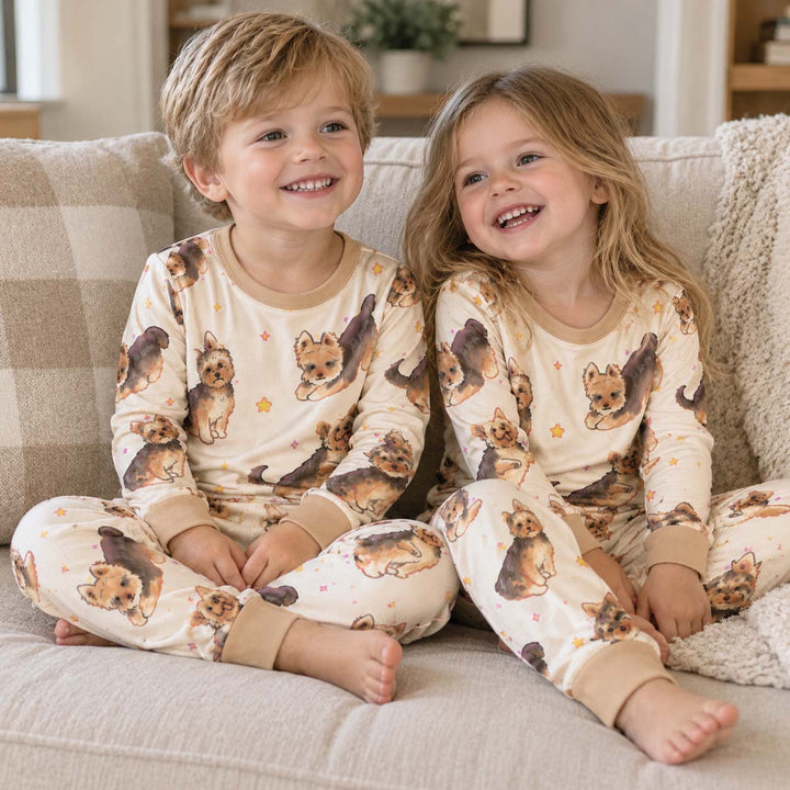 Playful Yorkie Stars Bamboo Two Piece Long Sleeve Pajama Set