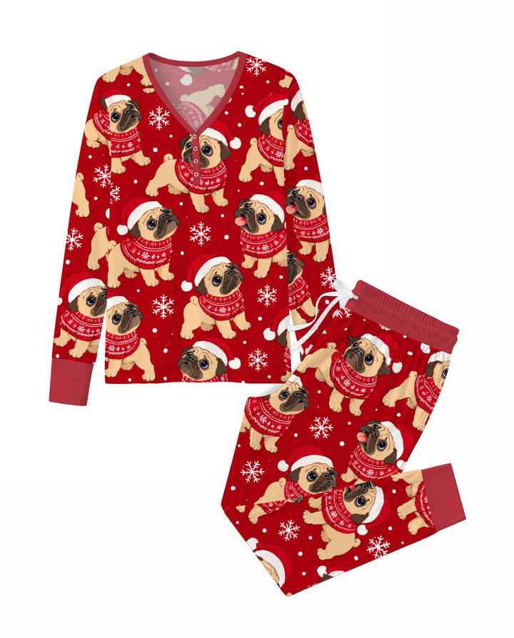 Pug Christmas Sweater Bamboo Women Pajama Set