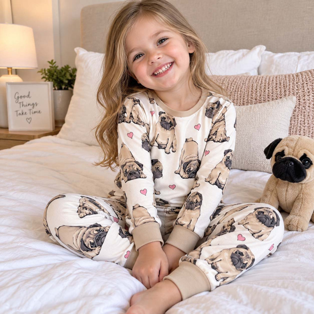 Pug Love Hearts Bamboo Two Piece Long Sleeve Pajama Set