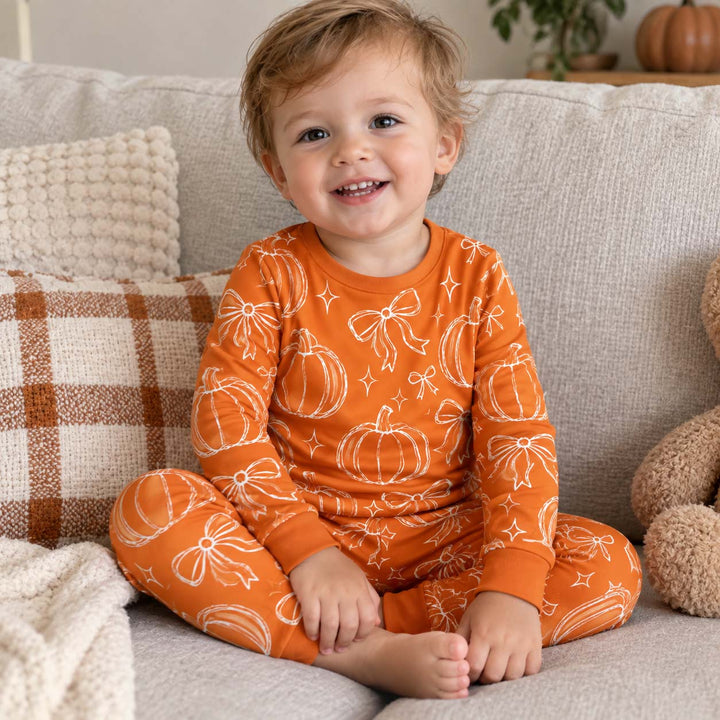 Pumpkin Bows and Autumn Sparkles Bamboo Two Piece Long Sleeve Pajama Set