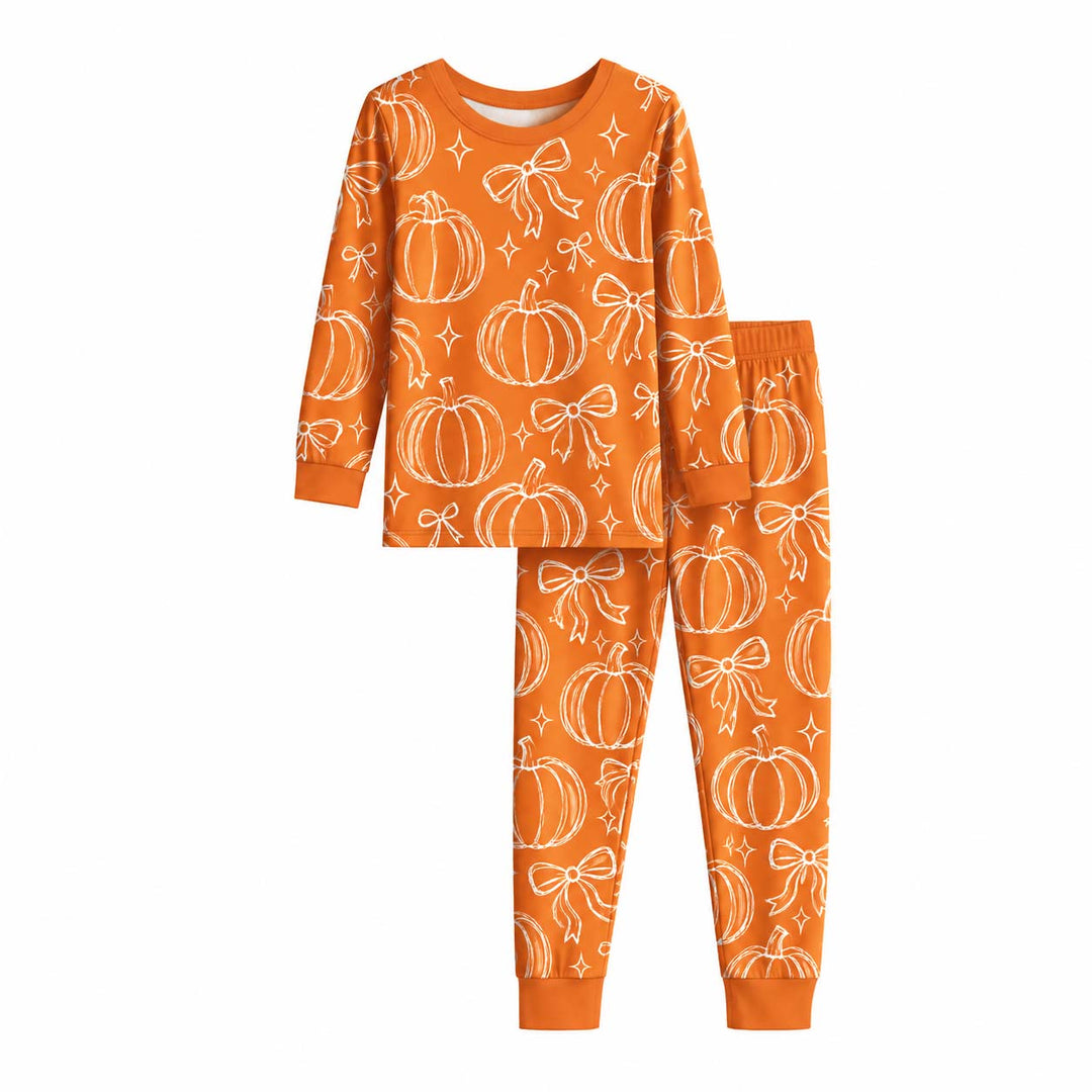 Pumpkin Bows and Autumn Sparkles Bamboo Two Piece Long Sleeve Pajama Set