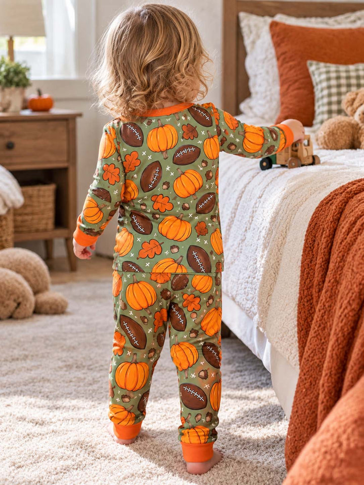 Pumpkin Football Fall Harvest Bamboo Two Piece Long Sleeve Pajama Set