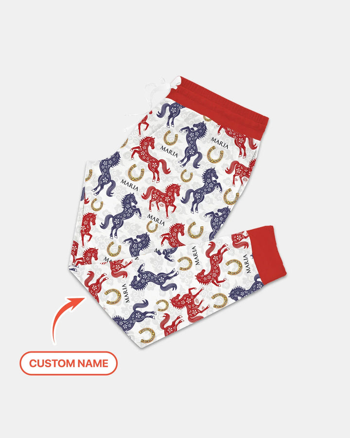 Benutzerdefinierter Name Chinoiserie Pferde Bambus Damen Schlafanzug Set