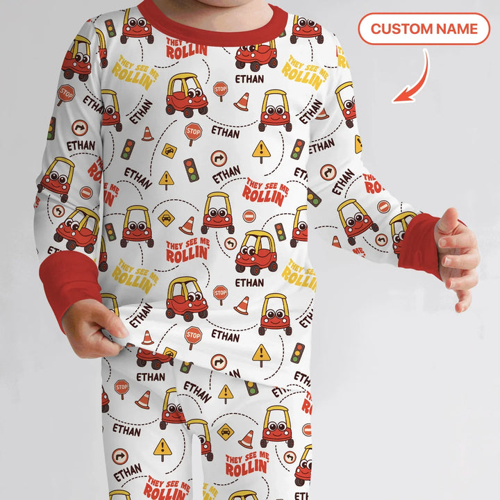 Custom Name They See Me Roliin' Two Piece Long Sleeve Pajama Set , Custom Name They See Me Roliin' Two Piece Long Sleeve Pajama Set - 12-18M