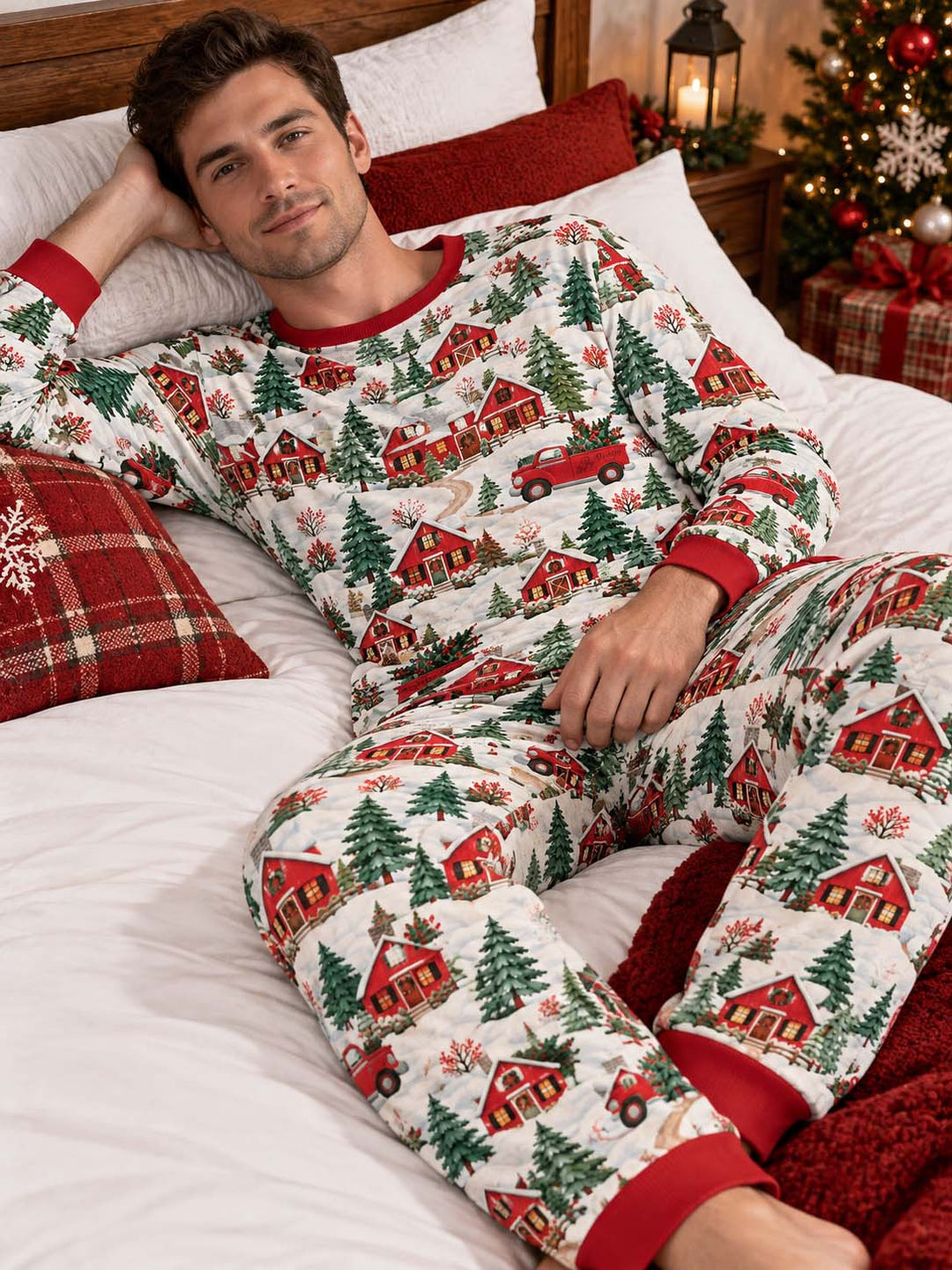 Red Truck Christmas Village Bamboo Men's Pajama Set