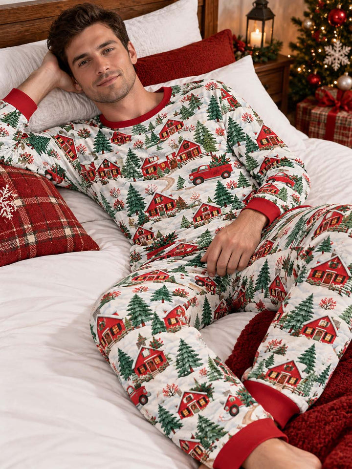 Red Truck Christmas Village Bamboo Men's Pajama Set