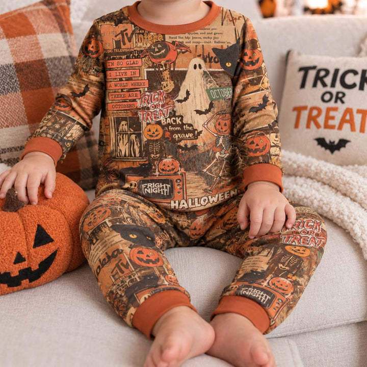 Retro Halloween Newspaper Collage Bamboo Two Piece Long Sleeve Pajama Set