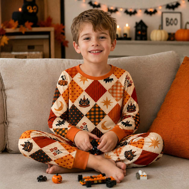 Retro Halloween Patchwork Bamboo Two Piece Long Sleeve Pajama Set