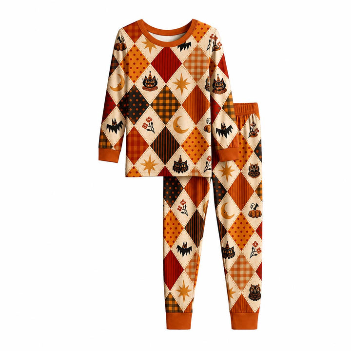 Retro Halloween Patchwork Bamboo Two Piece Long Sleeve Pajama Set