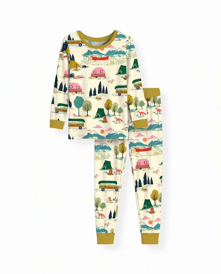 Retro Mountain Camping Pattern Bamboo Two Piece Long Sleeve Pajama Set