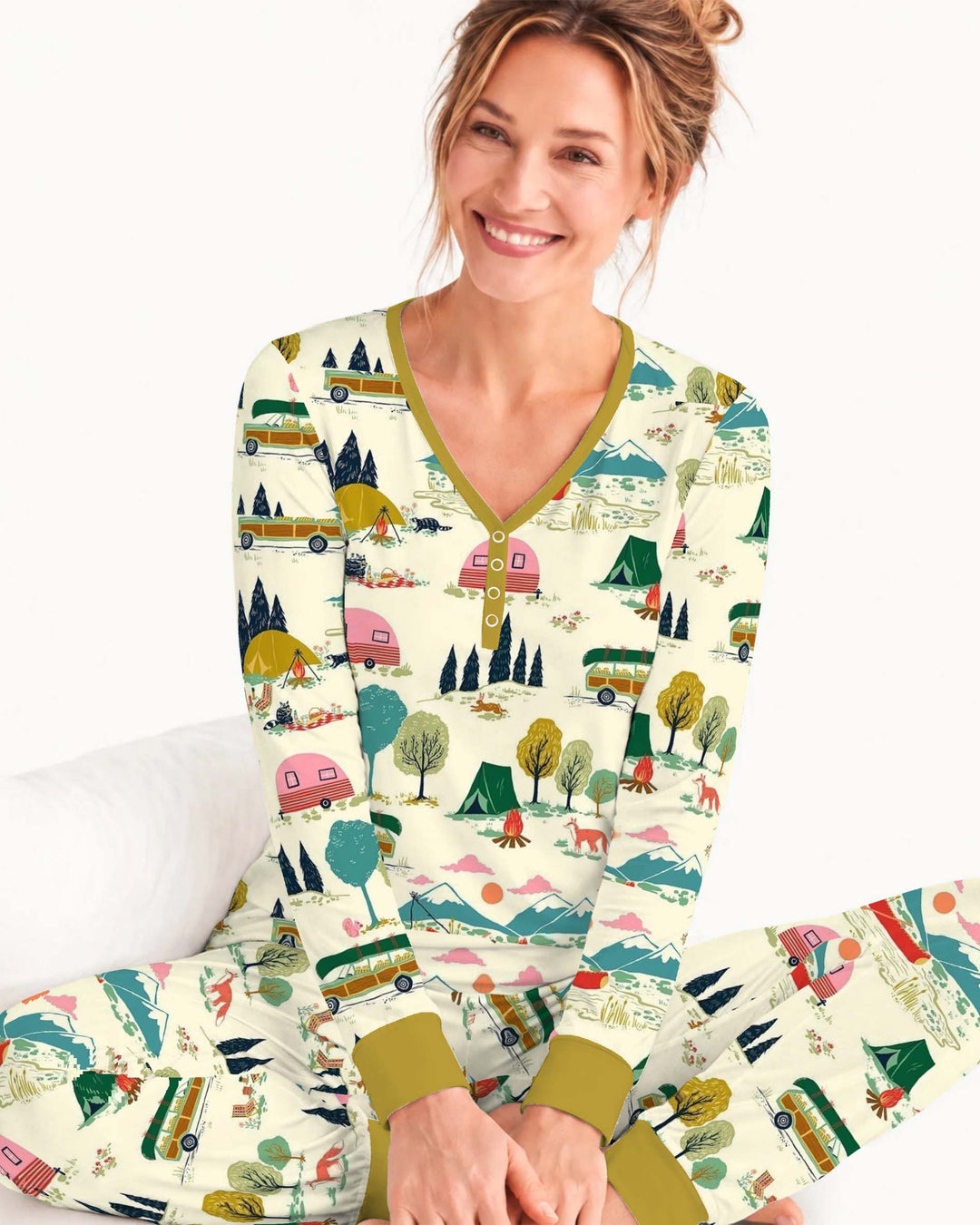 Retro Mountain Camping Pattern Bamboo Women Pajama Set
