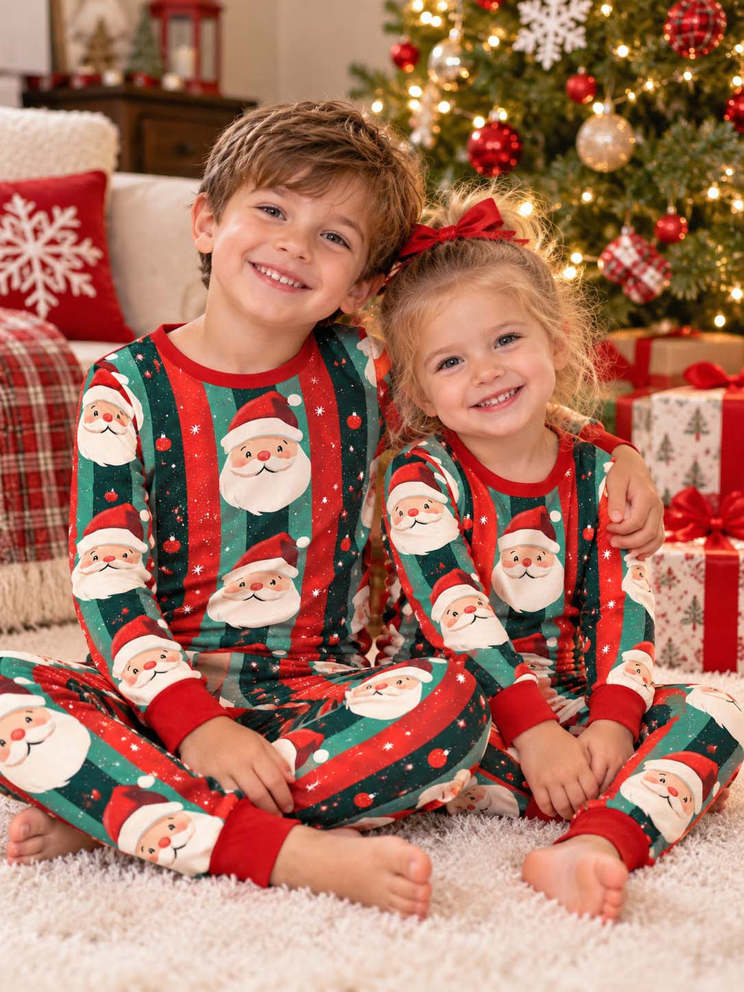 Retro Santa Christmas Stripes Bamboo Two Piece Long Sleeve Pajama Set