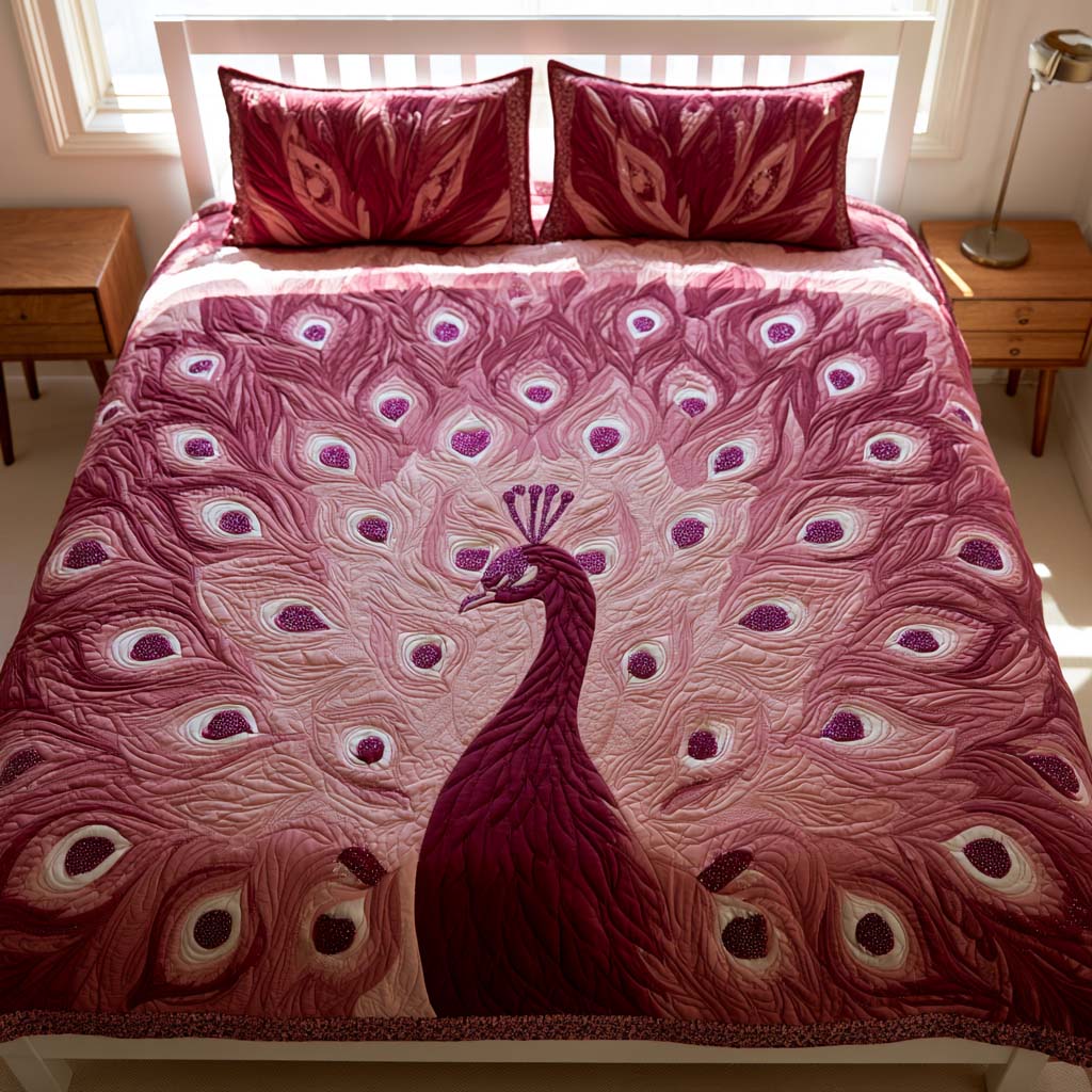 Rose Pink Peacock Fantasy Bamboo Quilt Bedding Set