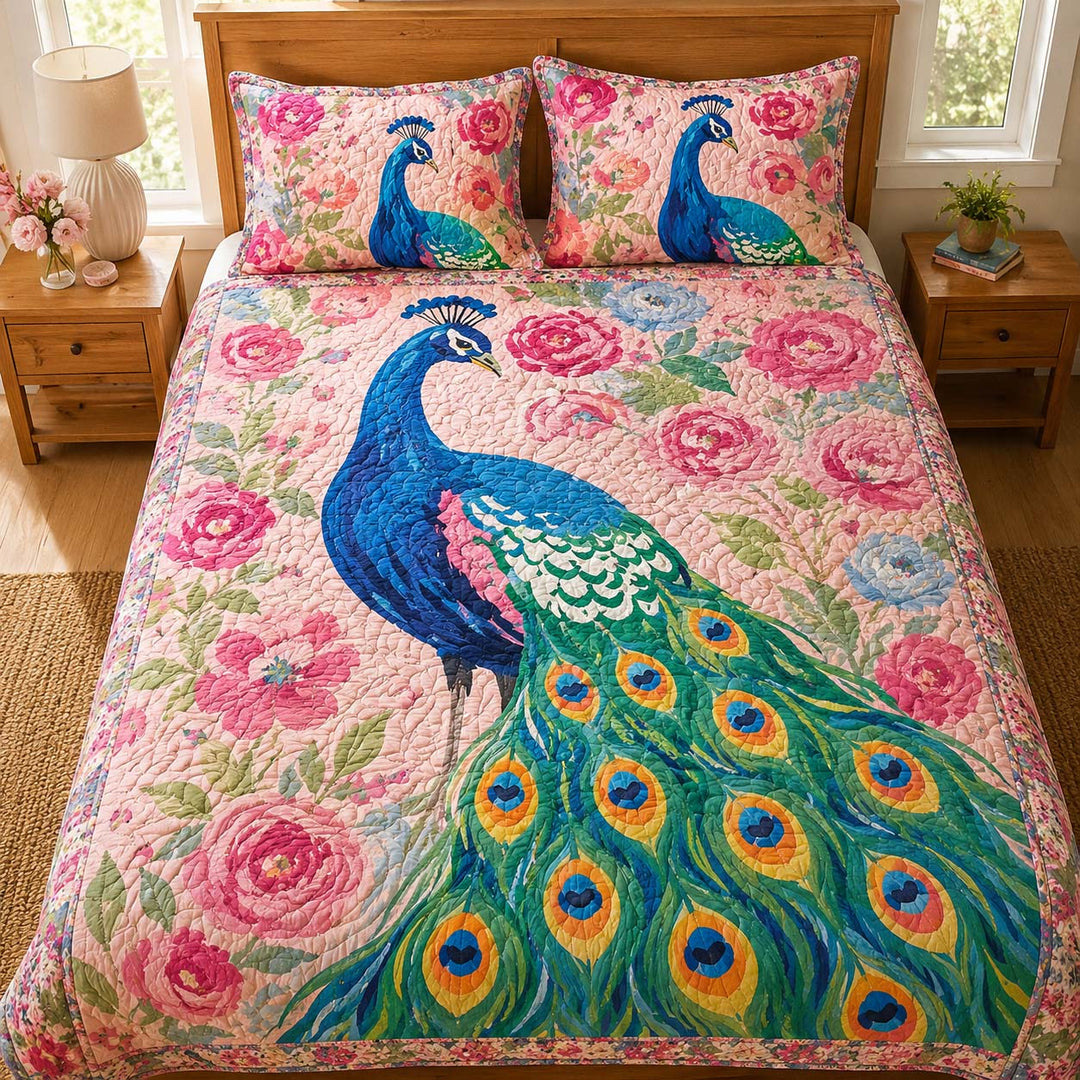 Royal Peacock Rose Garden Bamboo Quilt Bedding Set