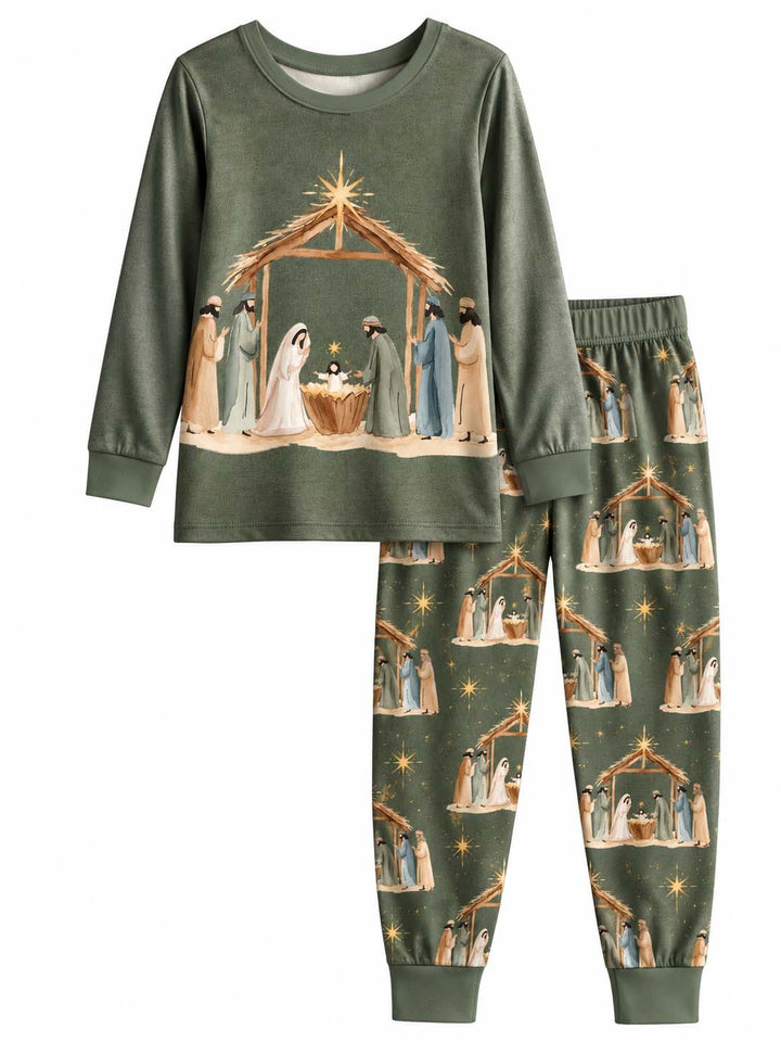 Rustic Christmas Nativity Bamboo Two Piece Long Sleeve Pajama Set