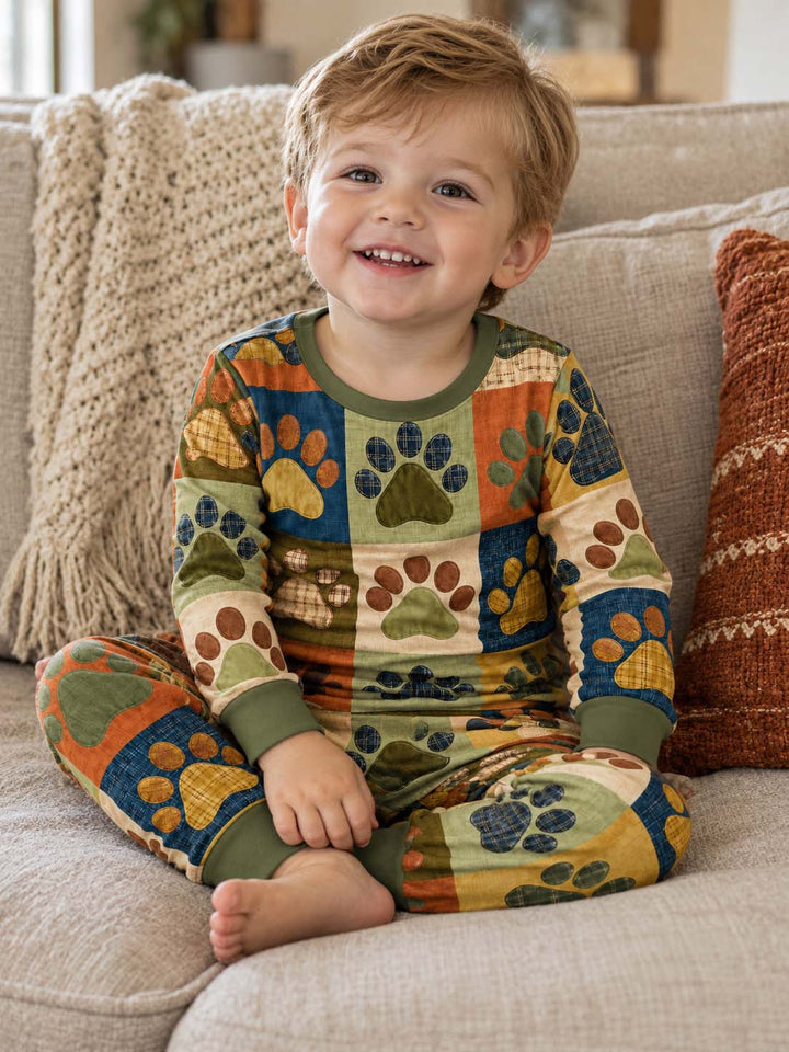 Rustic Fall Paw Patchwork Bamboo Two Piece Long Sleeve Pajama Set