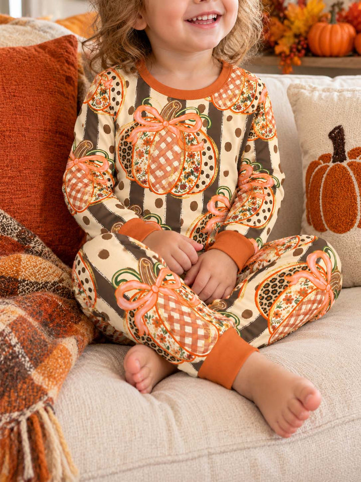 Rustic Fall Pumpkin Bow Pattern Bamboo Two Piece Long Sleeve Pajama Set