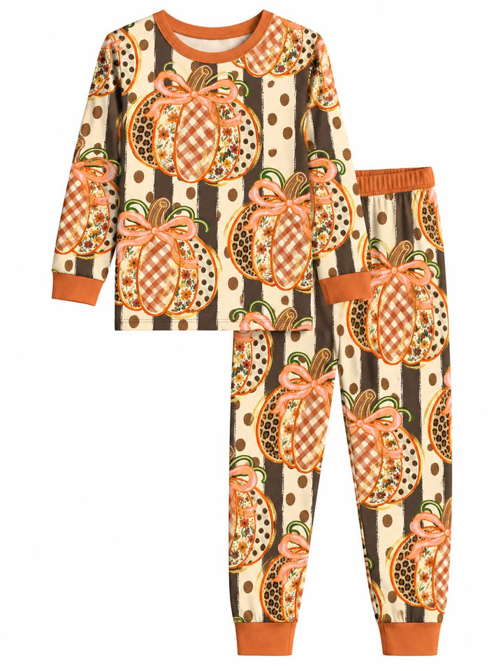Rustic Fall Pumpkin Bow Pattern Bamboo Two Piece Long Sleeve Pajama Set