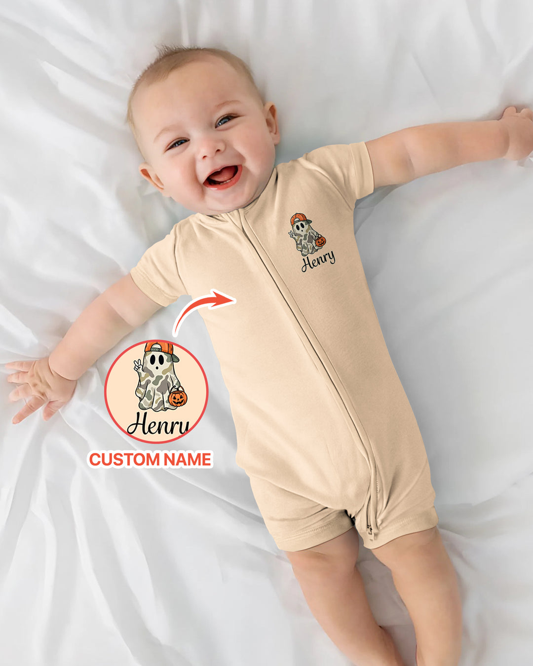 Personalized Baby Boy Halloween Ghost Bamboo Shorty Zippy