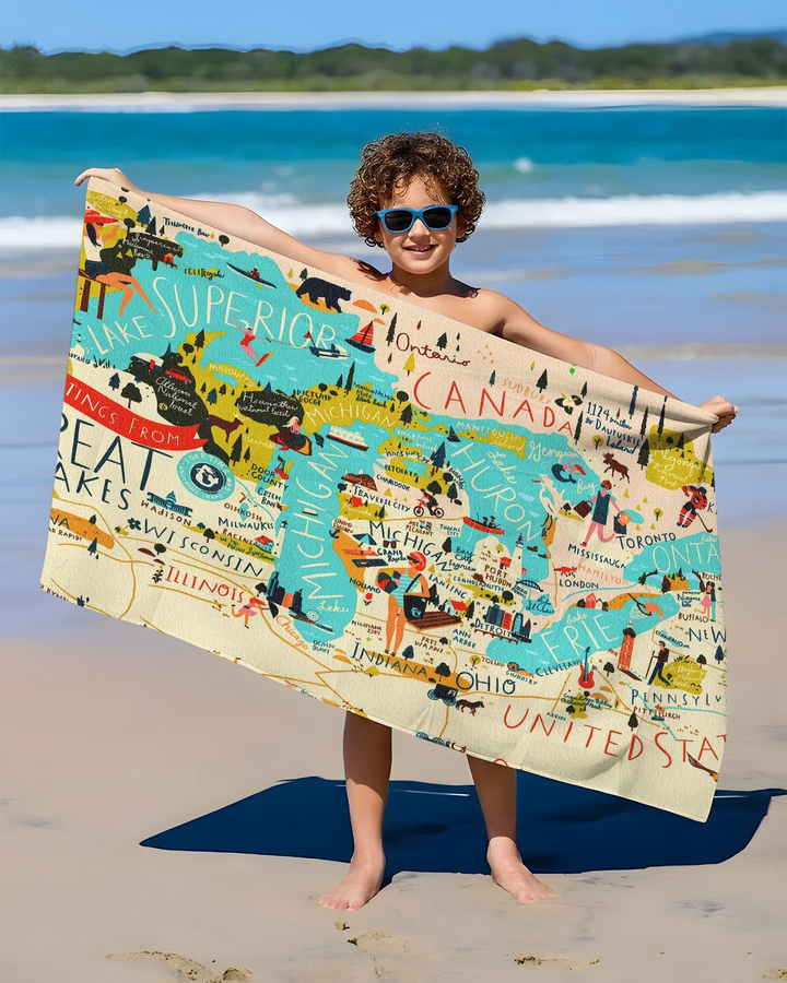 Great Lakes Explorer Map Bamboo Beach Towel