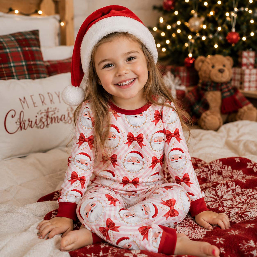 Santa Bows and Pearls Bamboo Two Piece Long Sleeve Pajama Set