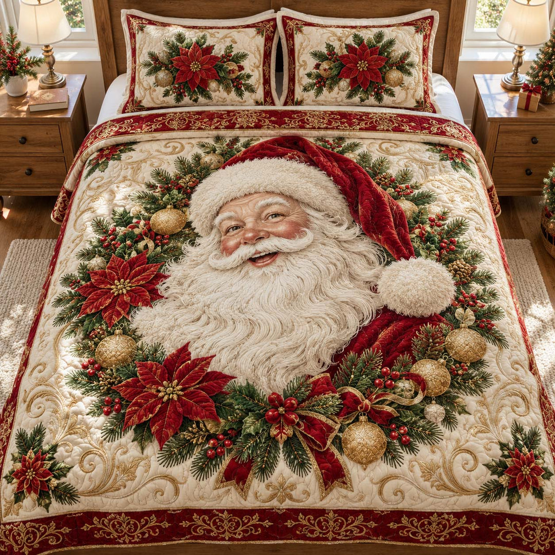 Santa Poinsettia Christmas Wreath Bamboo Quilt Bedding Set