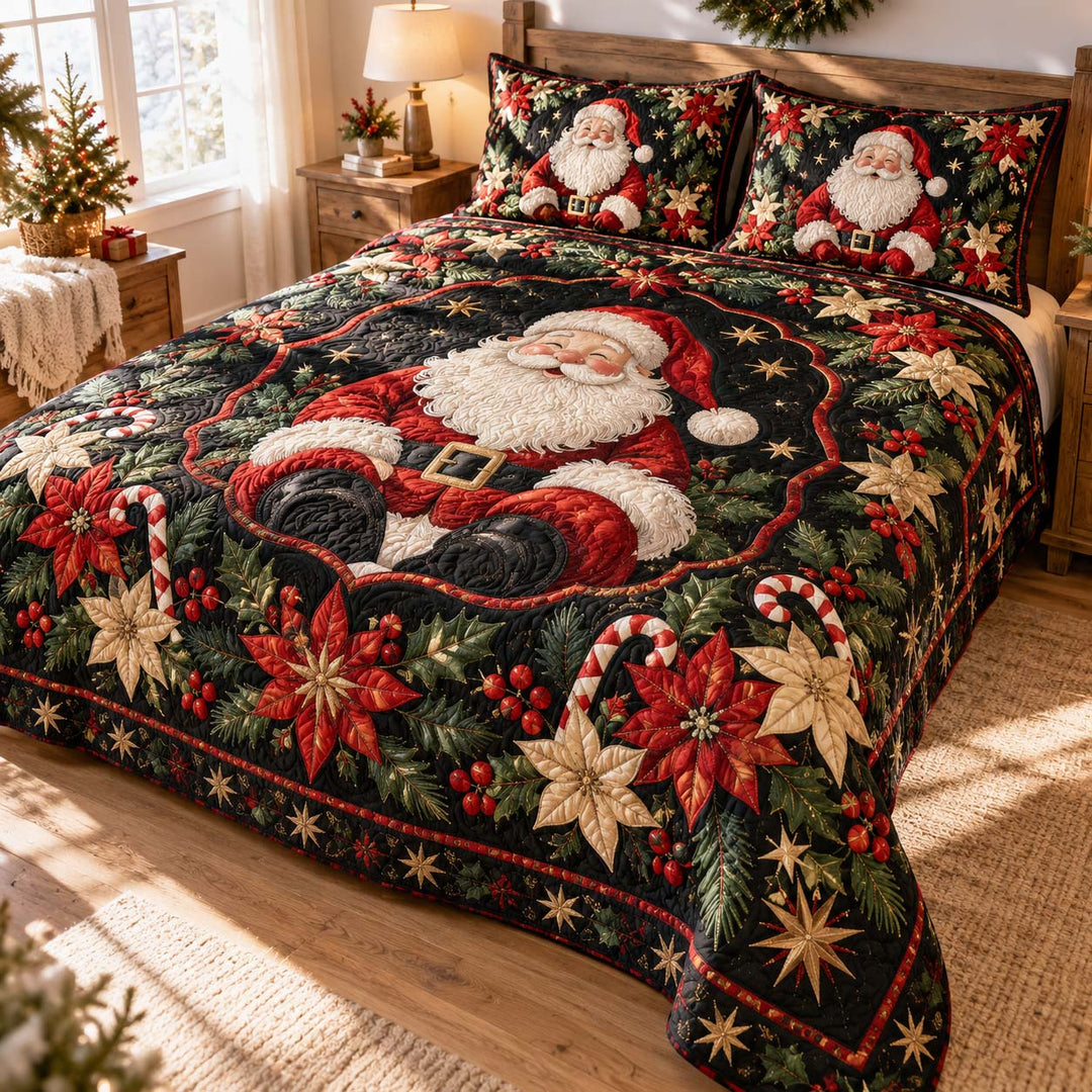 Santa Poinsettia Holly Christmas Bamboo Quilt Bedding Set