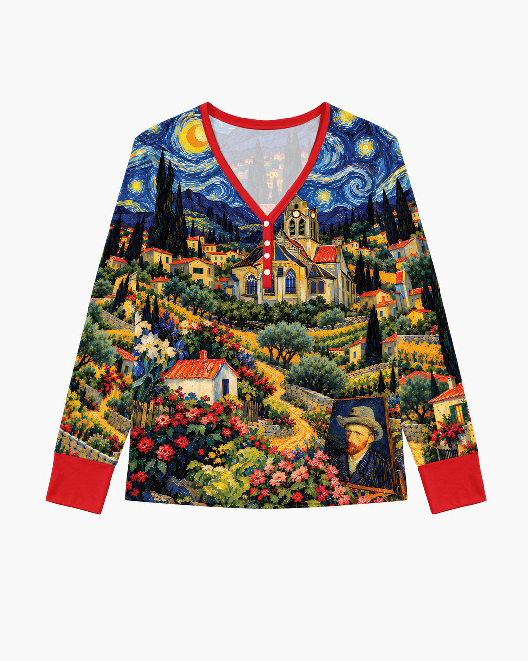 Night Sky Village Pattern Thin Bamboo Women Pajama Set
